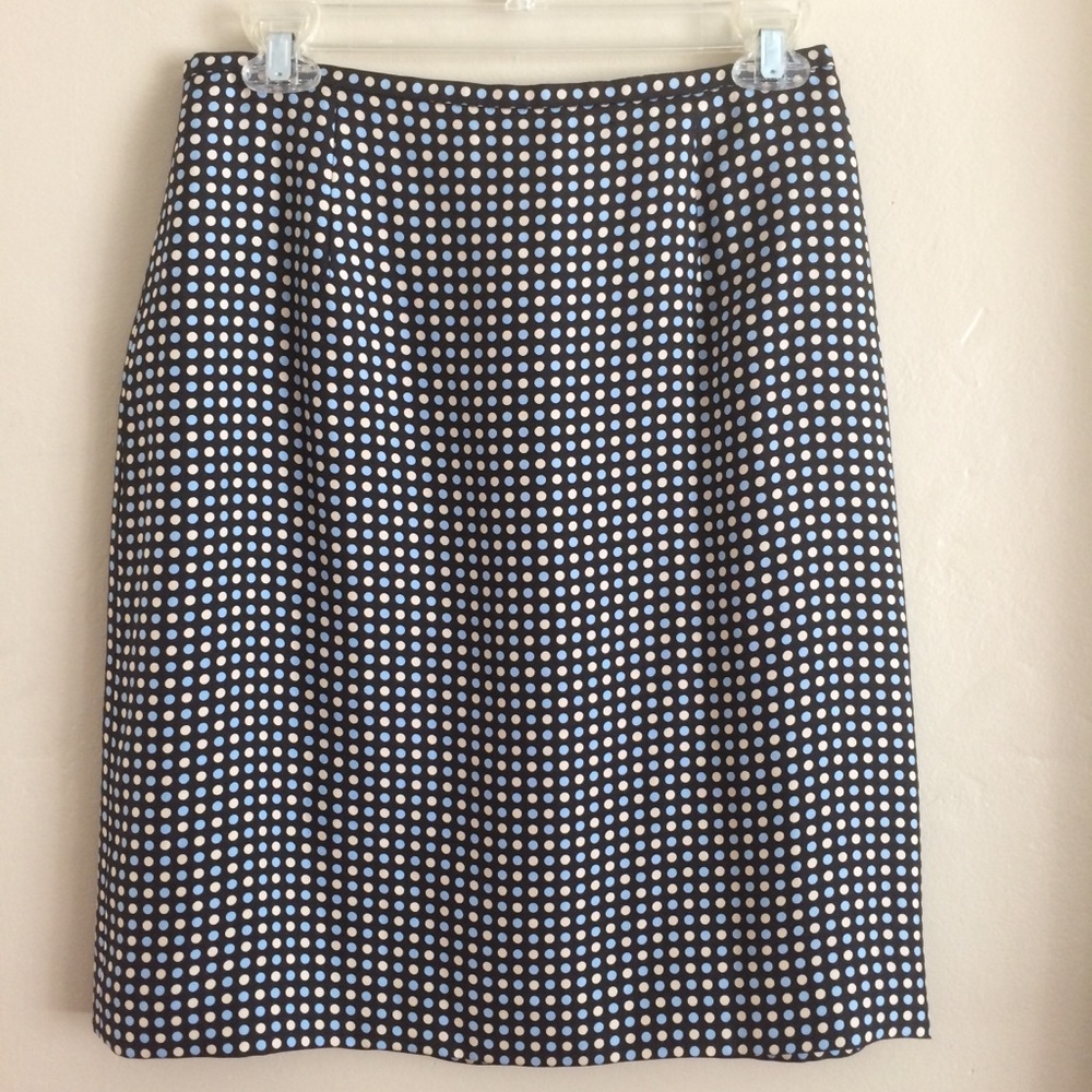 Ann Taylor Pencil Skirt Blue Cream Black SILK Polka Dot Corporate Career 6